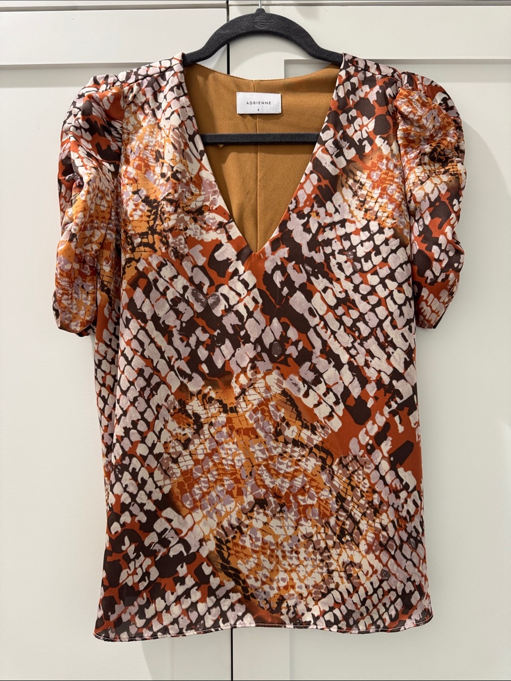 Adrienne Brown Rust Printed V-Neck Puff Sleeve Blouse